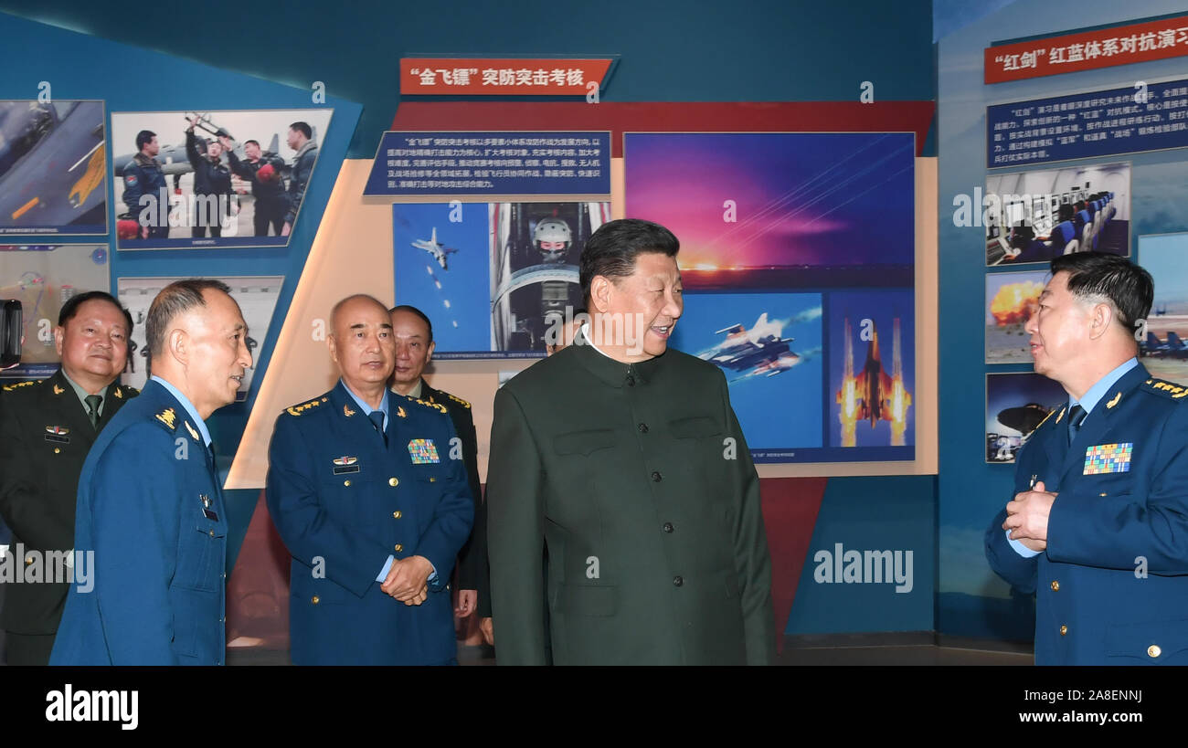 Beijing, China. 08th Nov, 2019. Chinese President Xi Jinping, also general secretary of the Communist Party of China (CPC) Central Committee and chairman of the Central Military Commission (CMC), visits an exhibition marking the 70th founding anniversary of the People's Liberation Army (PLA) Air Force at the China Aviation Museum in Changping District, Beijing, capital of China, Nov. 8, 2019. Xi on Friday attended an event celebrating the 70th founding anniversary of the PLA Air Force in the northern outskirts of Beijing. Credit: Xinhua/Alamy Live News Stock Photo