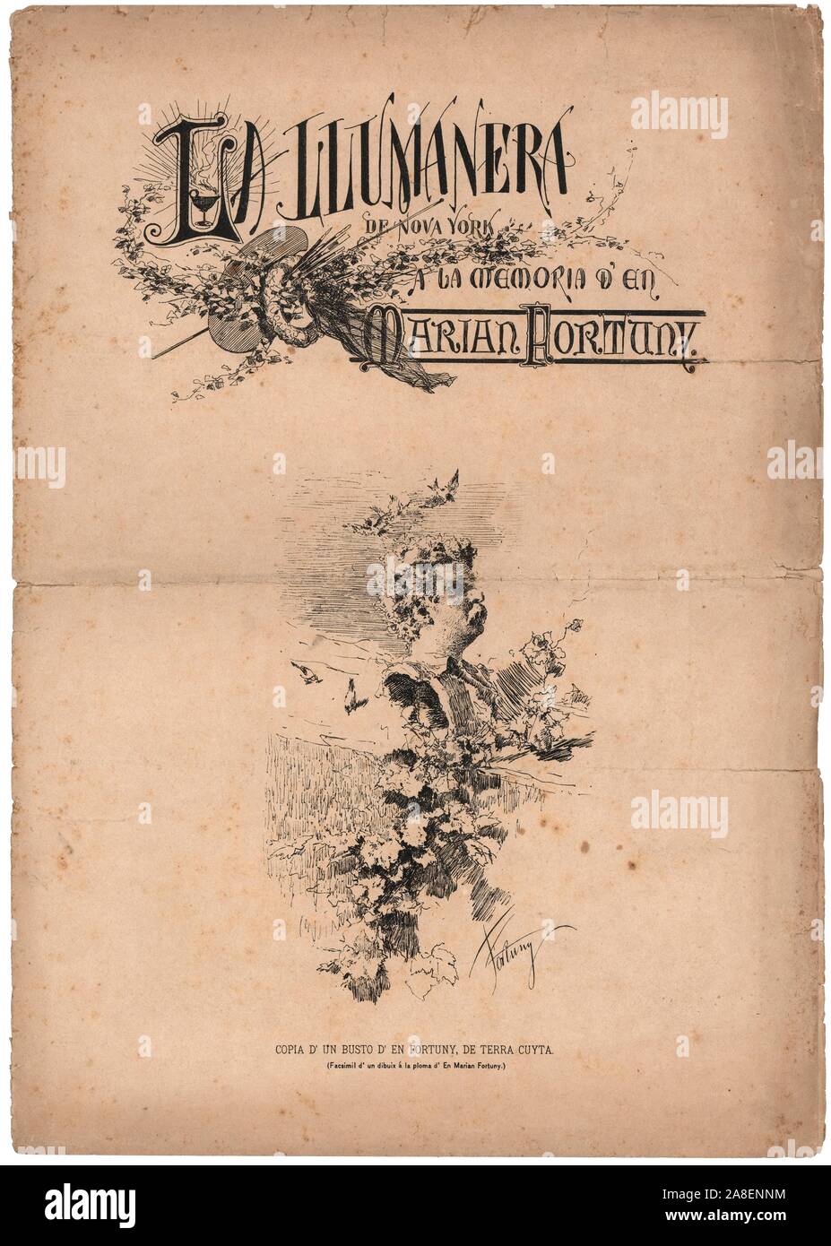 Portada de la revista catalana La Llumanera de Nova York, editada en Nueva York, noviembre de 1879, dedicada a la memoria de Marià Fortuny. Mariano Fortuny Marsal. Stock Photo