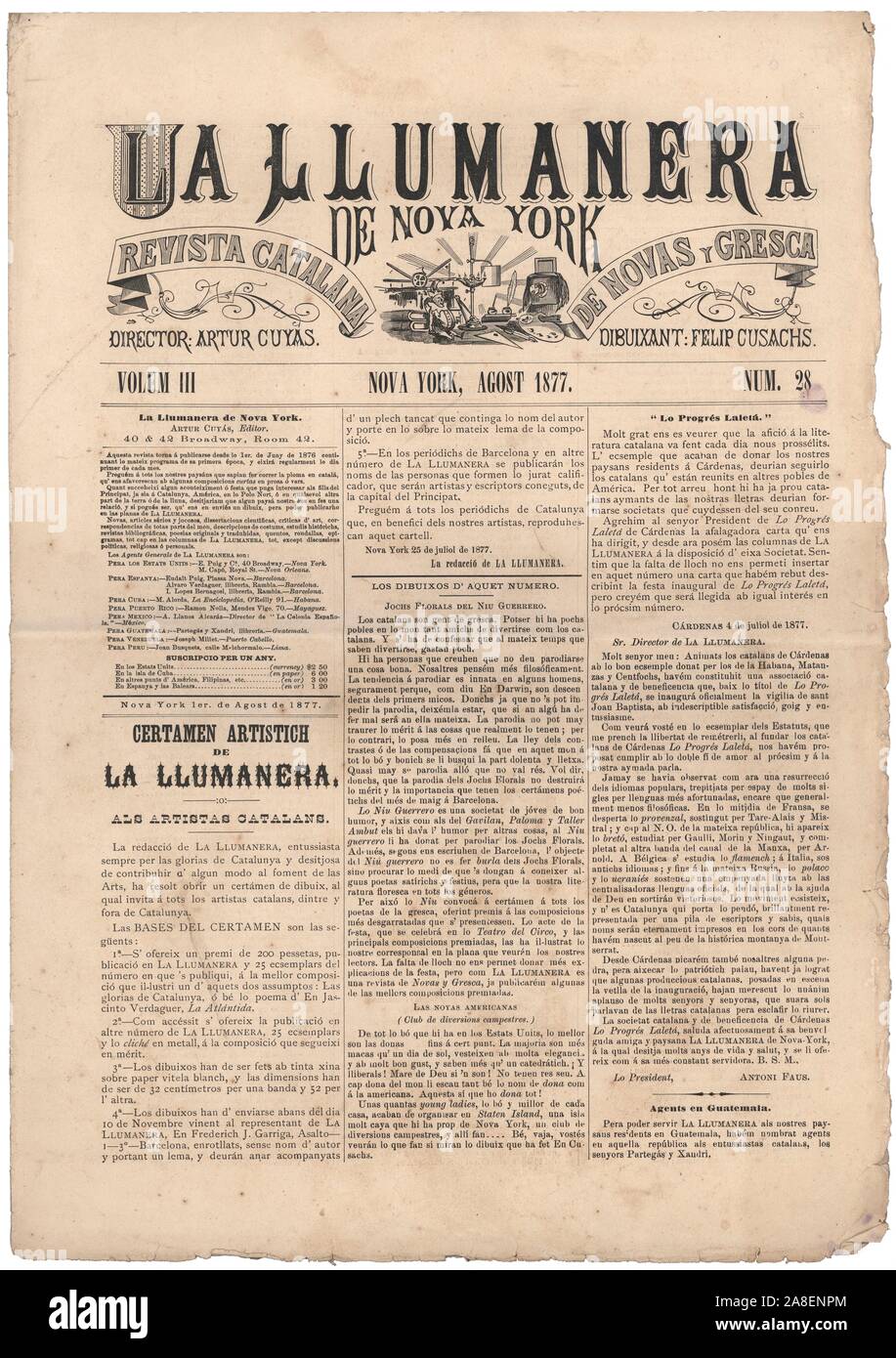 Portada de la revista catalana La Llumanera de Nova York, editada en Nueva York, agosto de 1877. Stock Photo