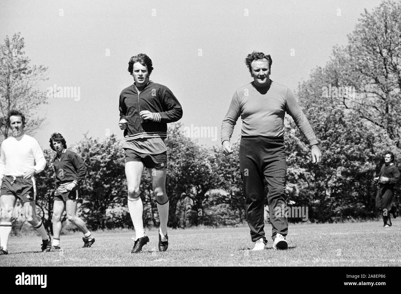 England team manager Don Revie in training with his players at Manchester University sports ground, Wythensaw, where they were preparing for the match against Northern Ireland in Belfast - the first of the Home International Championship. Stock Photo
