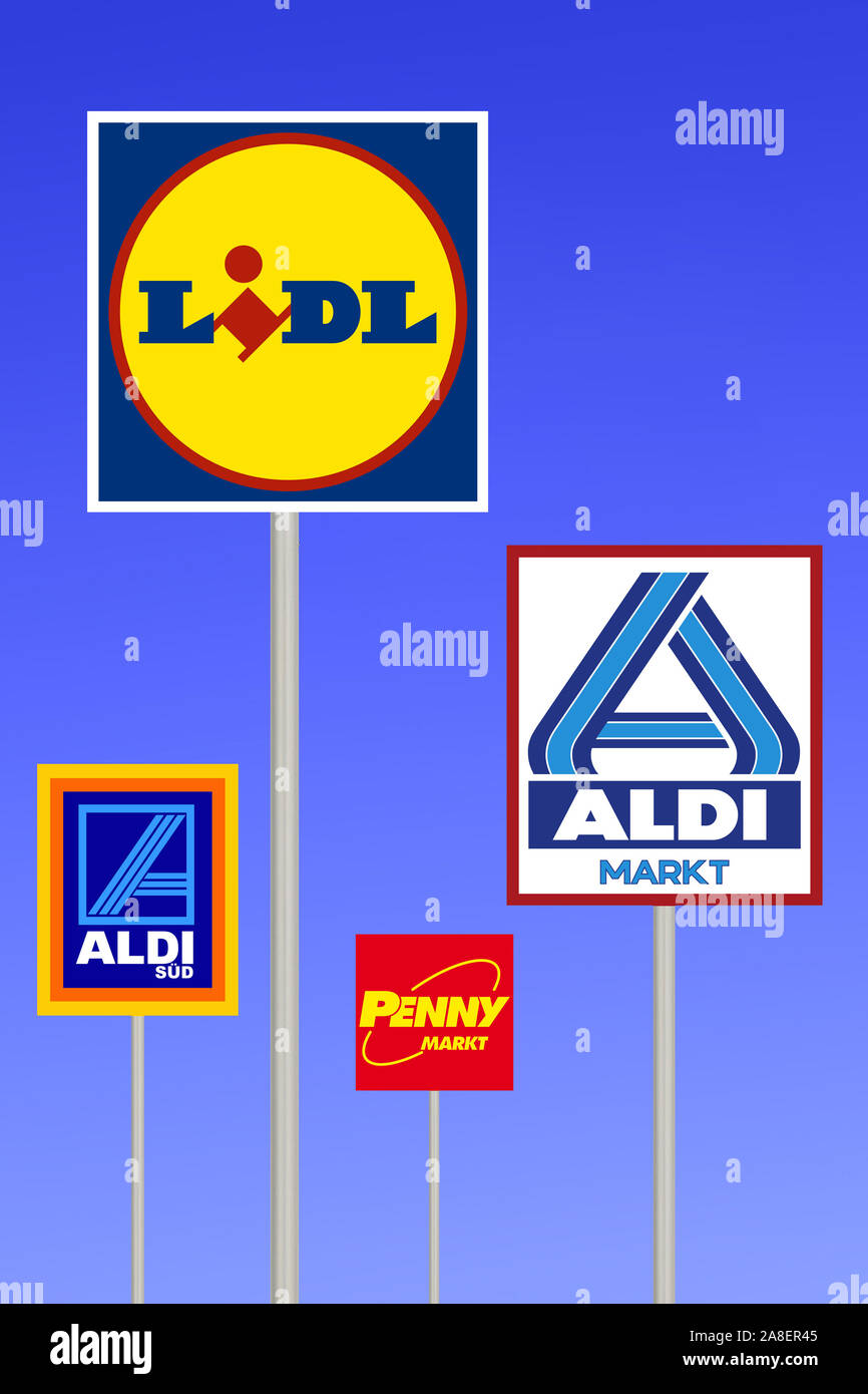 Hinweisschild, Lebensmittel-Discounter, ALDI, LIDL, PENNY, NORD, SUED, Stock Photo