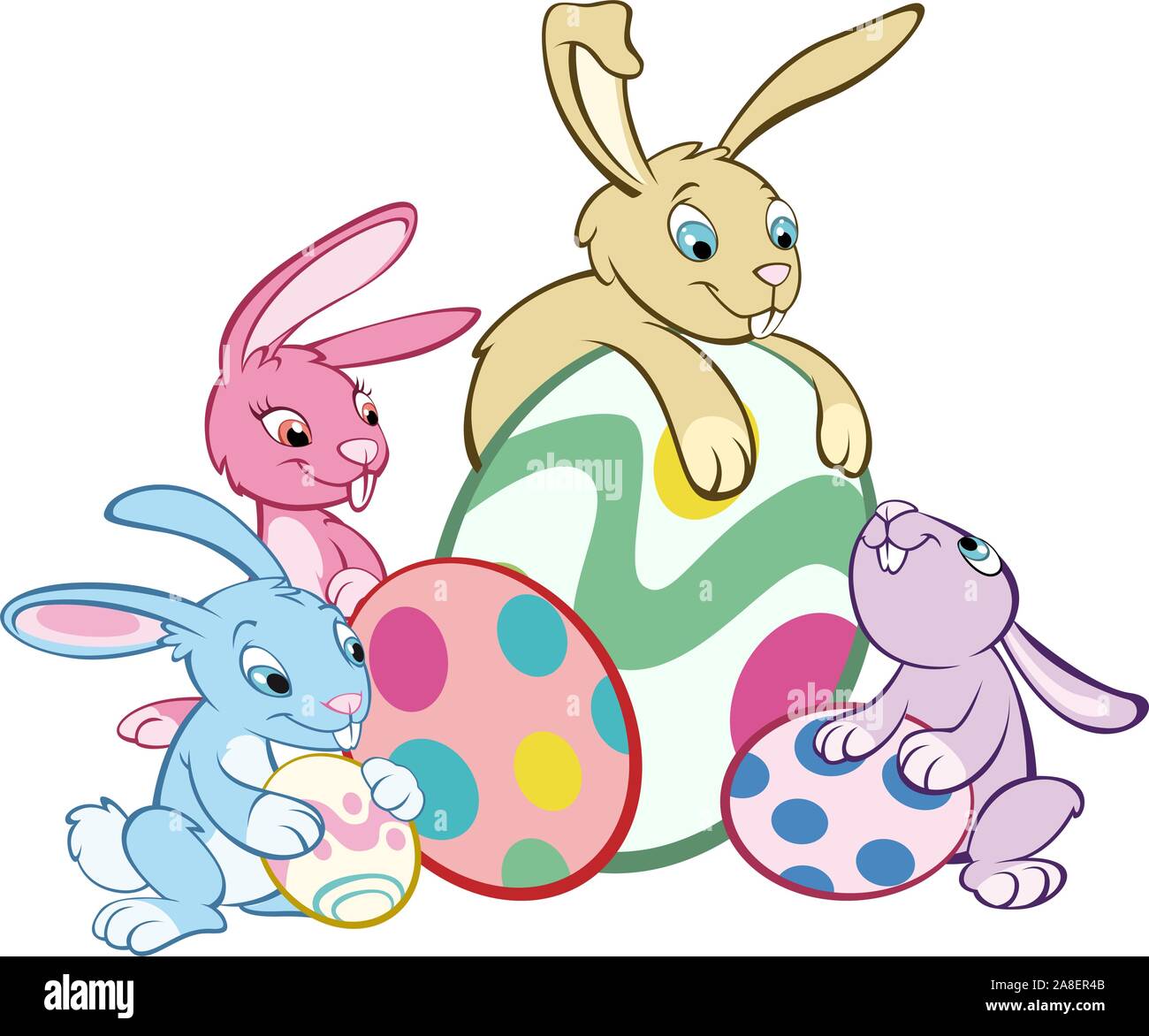 Easter bunnies over eggs cartoon illustration Stock Vector