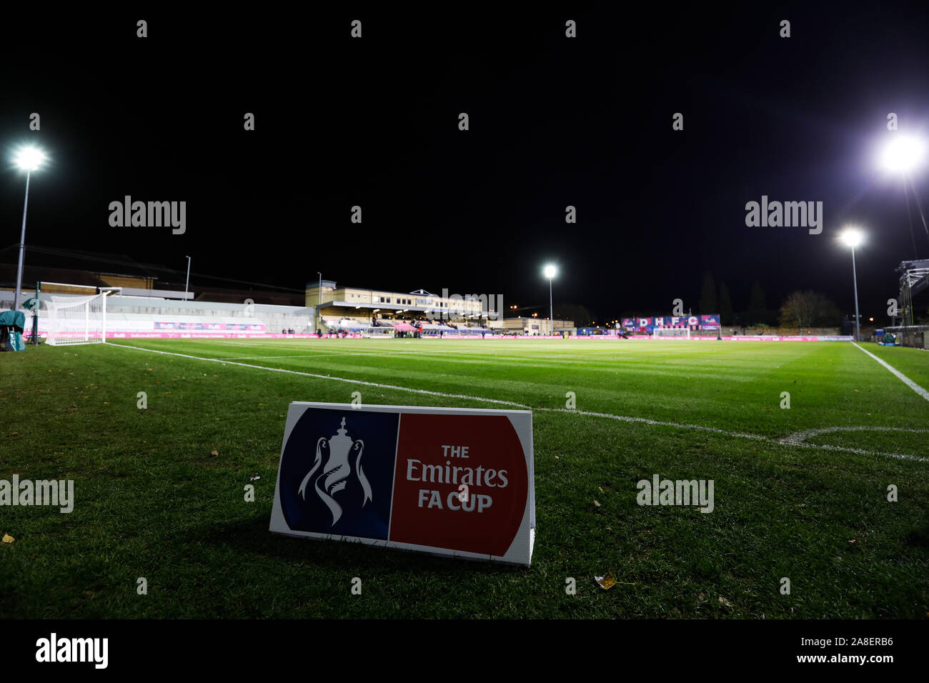 A general view of the pitch before the FA Cup First Round match at Champion Hill, London. Stock Photo