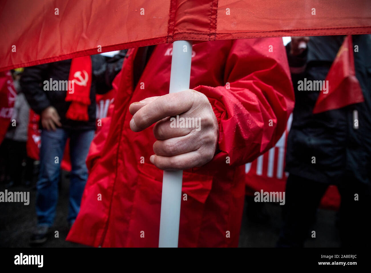 Moscow, Russia. 7th of November, 2019 March and rally dedicated to the 102nd anniversary of the Great October Socialist Revolution. Participants during the march from Strastnoy Boulevard to Theatre Square in Moscow Stock Photo