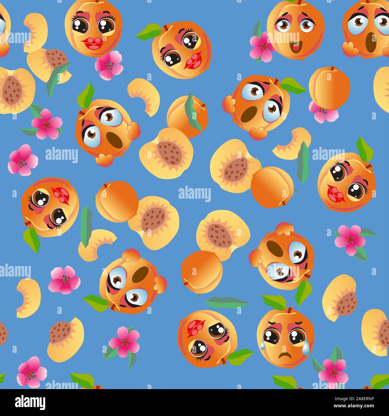 Seamless pattern with emoji peaches. Funny cute faces character Stock Vector