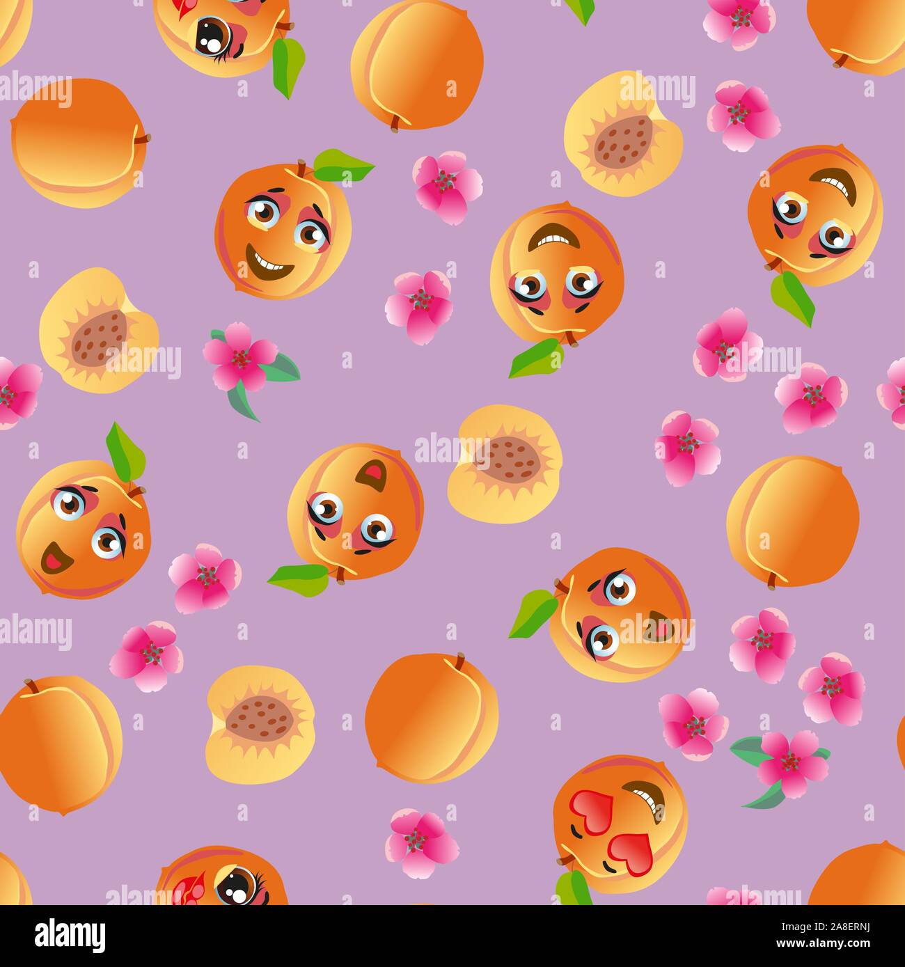 Seamless pattern with emoji peaches. Funny cute faces character Stock Vector