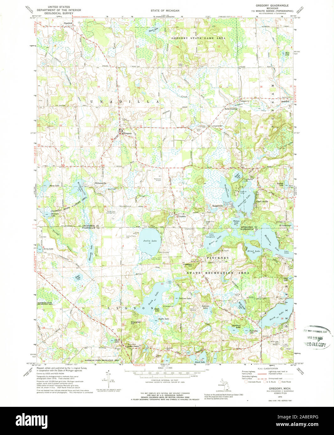 USGS TOPO Map Michigan MI Gregory 276254 1973 24000 Stock Photo