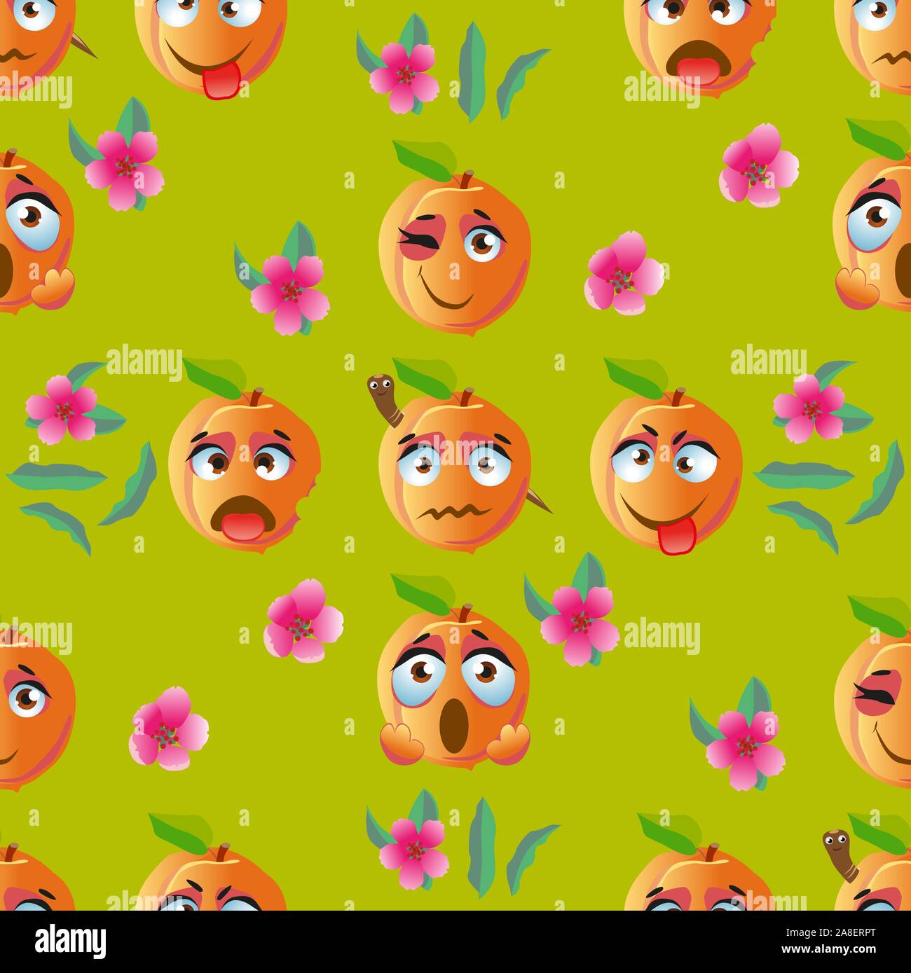 Seamless pattern with emoji peaches. Funny cute faces character Stock Vector