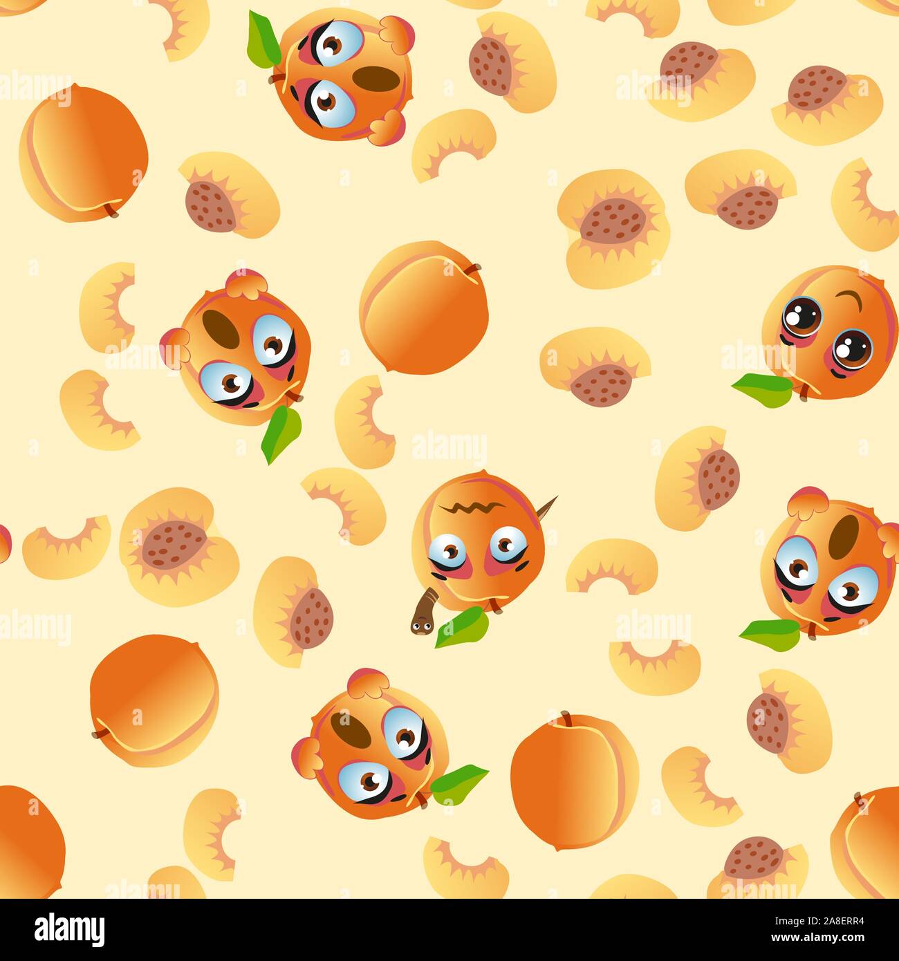 Seamless pattern with emoji peaches. Funny cute faces character Stock Vector