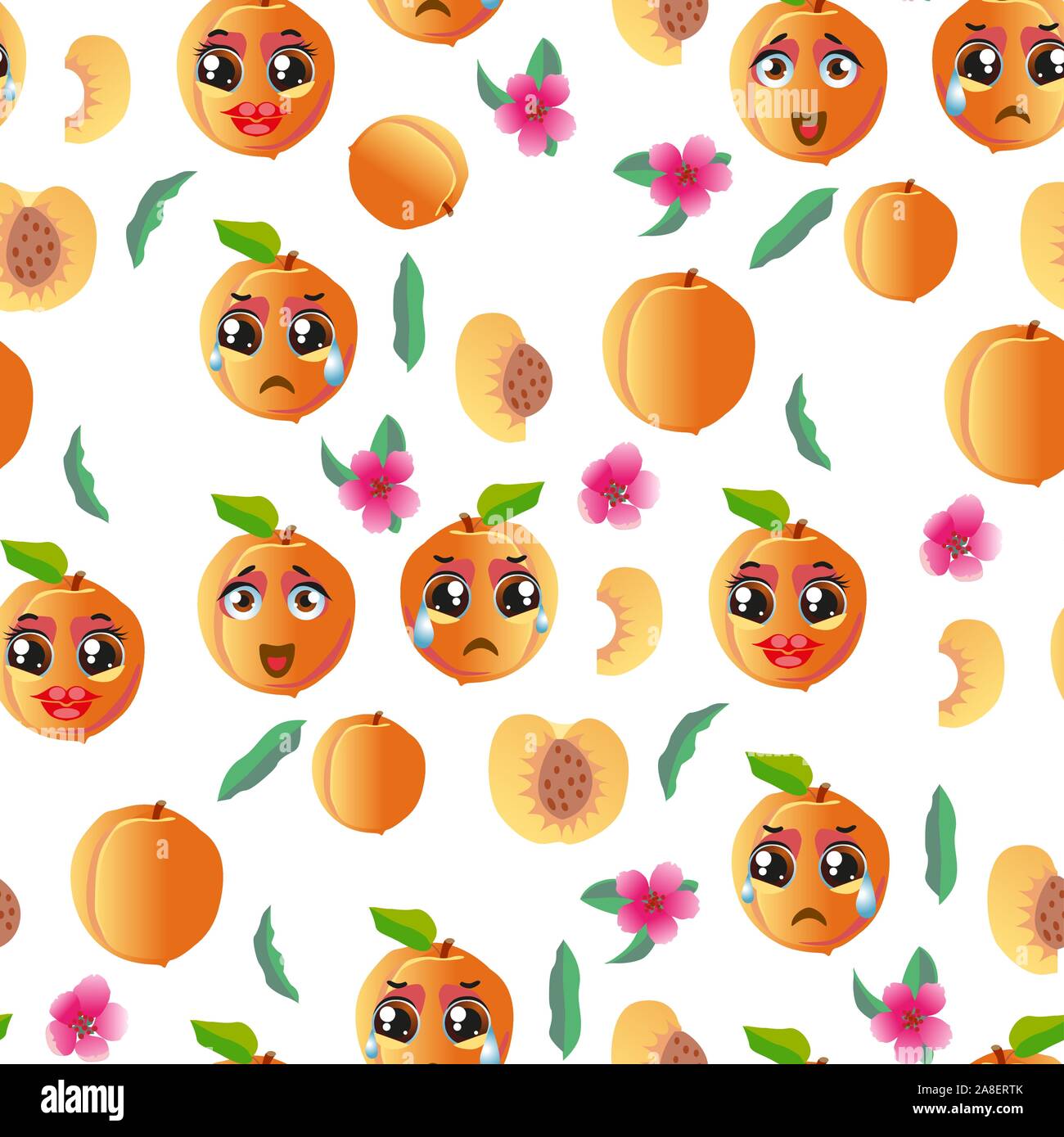 Seamless pattern with emoji peaches. Funny cute faces character Stock Vector