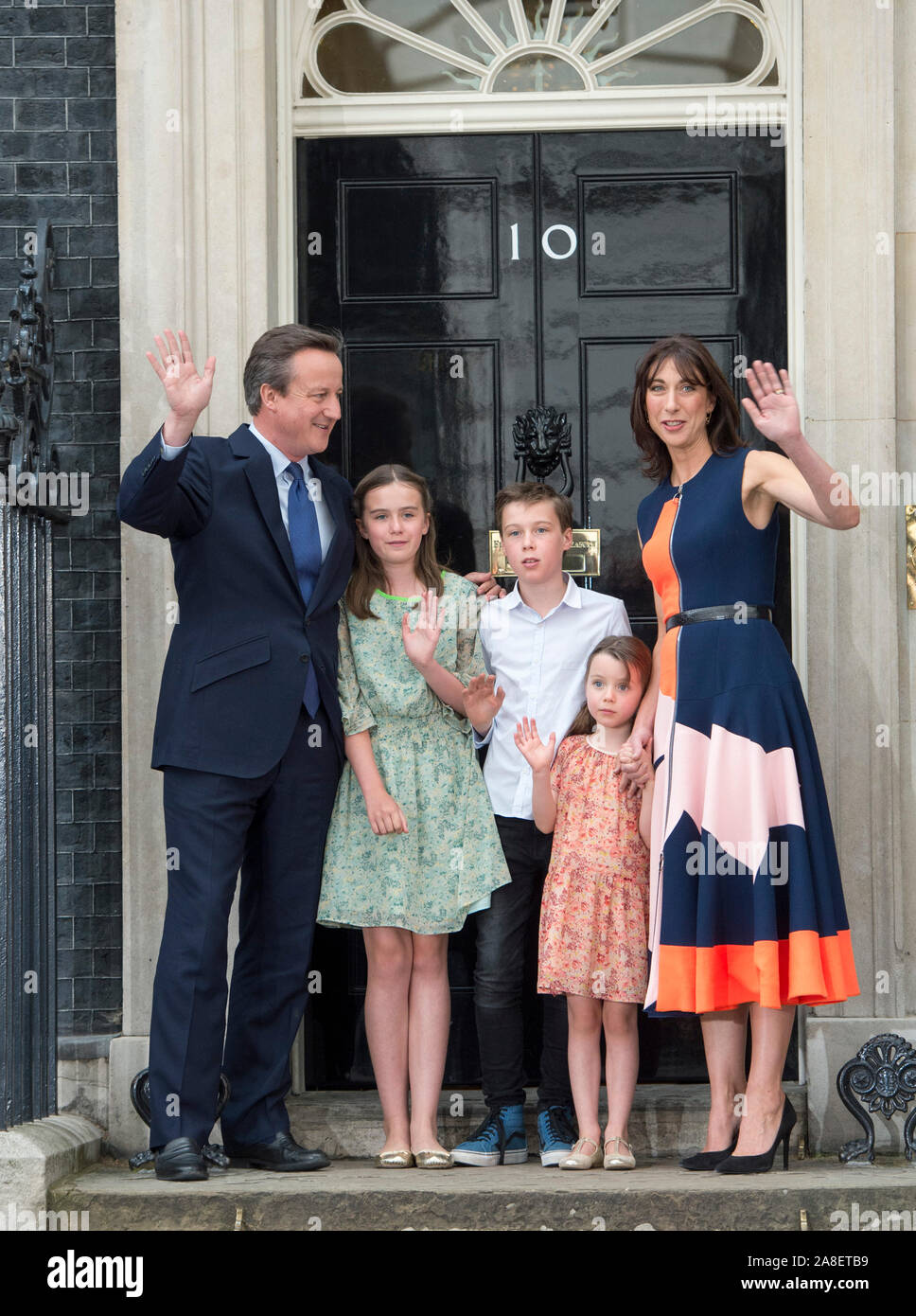 David Cameron leaving Downing Street following his resignation as Prime minister after the nation voted to leave the European Union in Brexit referendum vote. Pictured addressing the media in Downing Street with his wife Samantha and children Alwin, Nancy and florence in July 2016. Stock Photo