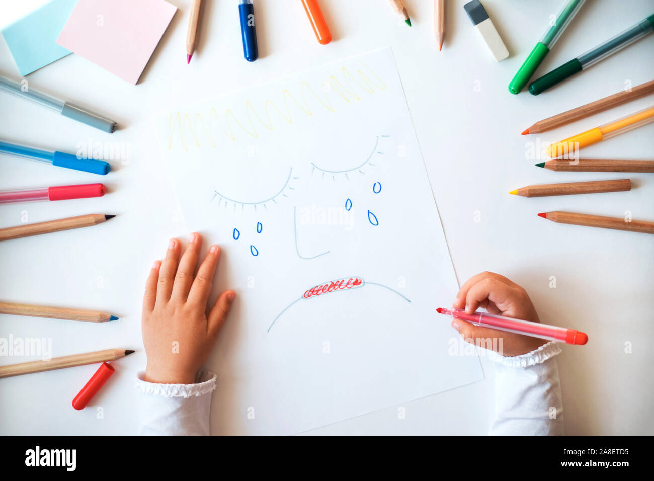 Child drawing sad face on the paper. Close up hands and picture. Stock Photo