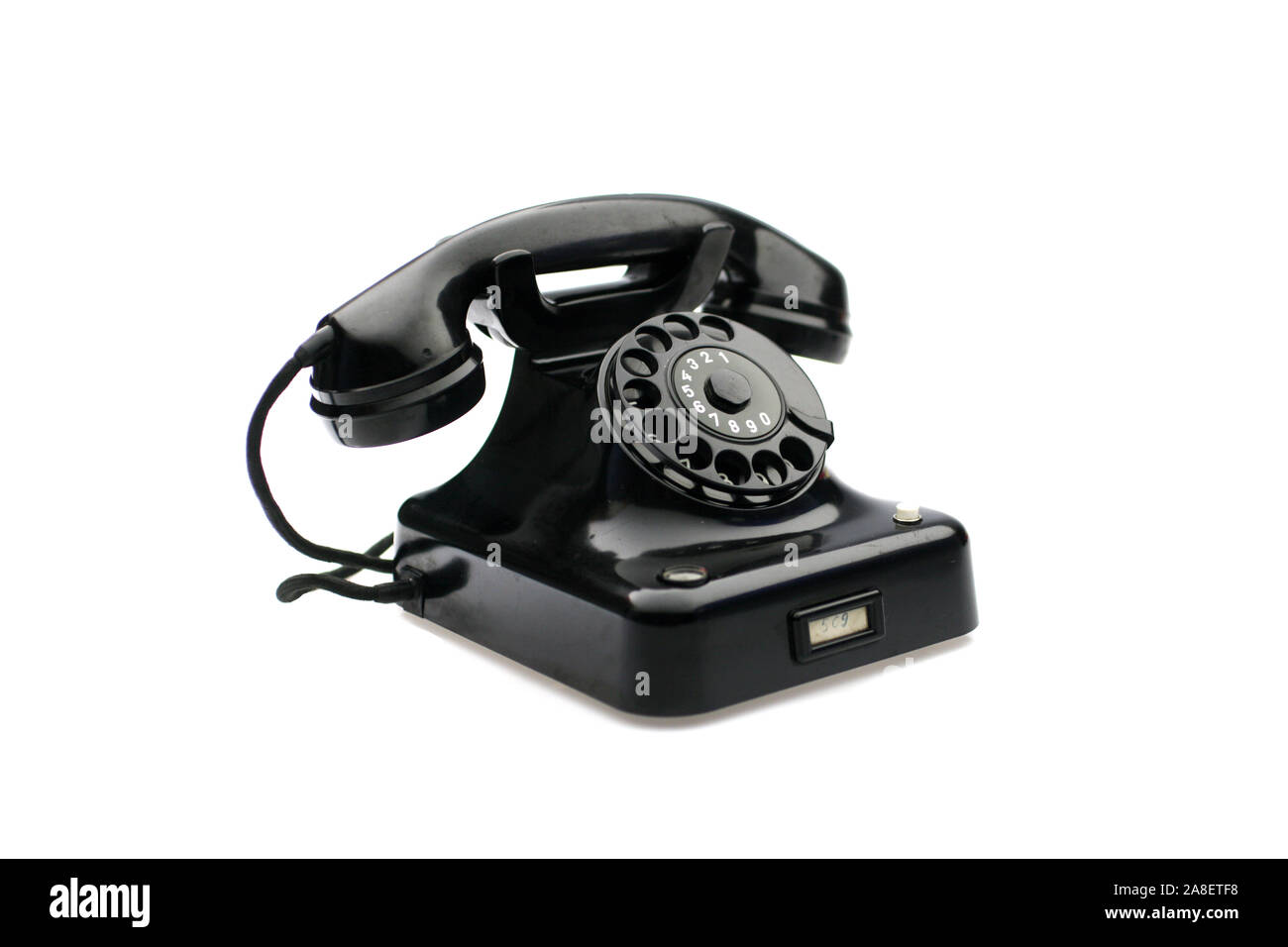 Altes Telefon, Bakelit, Schwarz, 60er Jahre, Stock Photo