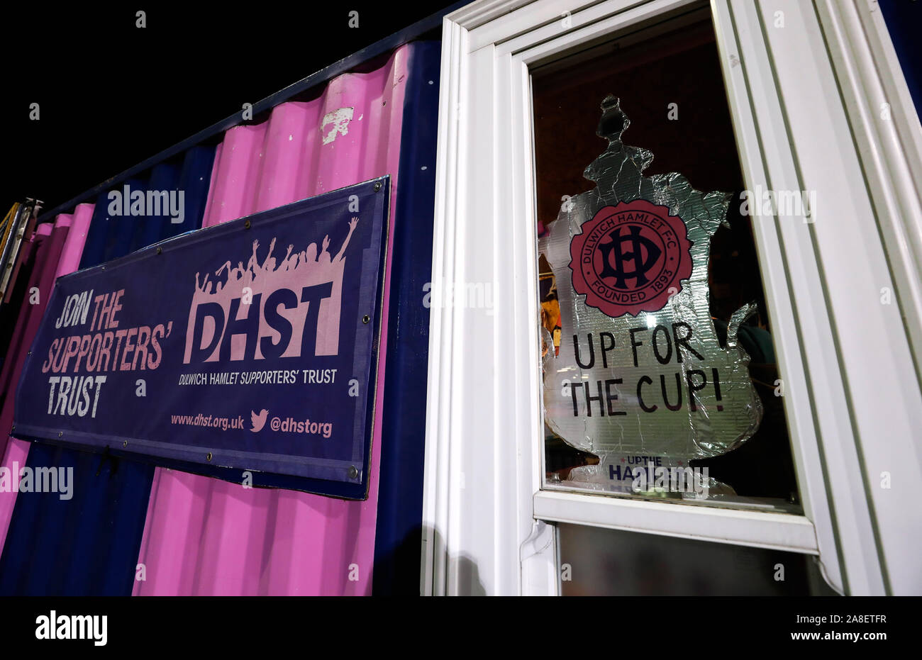 General view of signage before the FA Cup First Round match at Champion Hill, London. Stock Photo