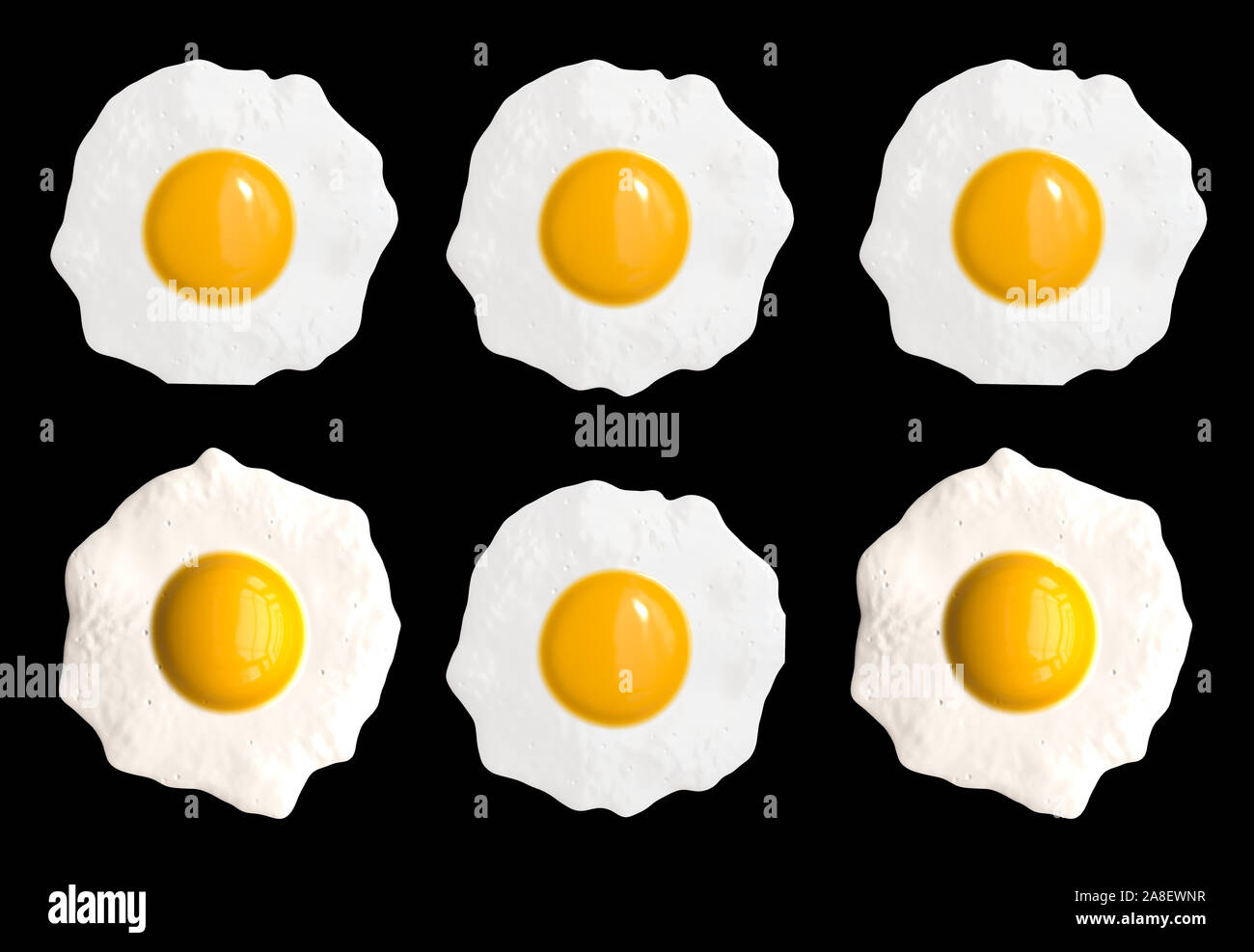 Sechs gebratene Spiegeleier, Ei, Spiegelei,  Pfanne, Freisteller, sechs Eier, Eigelb, Eiweiss, Eierspeise, Frührstück, Stock Photo