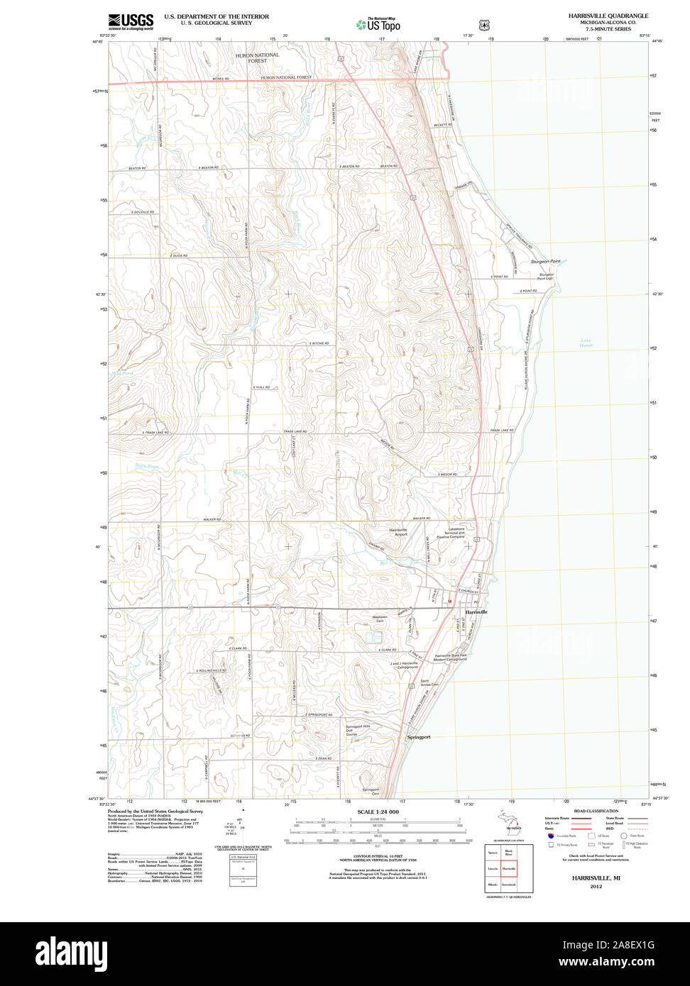 USGS TOPO Map Michigan MI Harrisville 20120724 TM Stock Photo