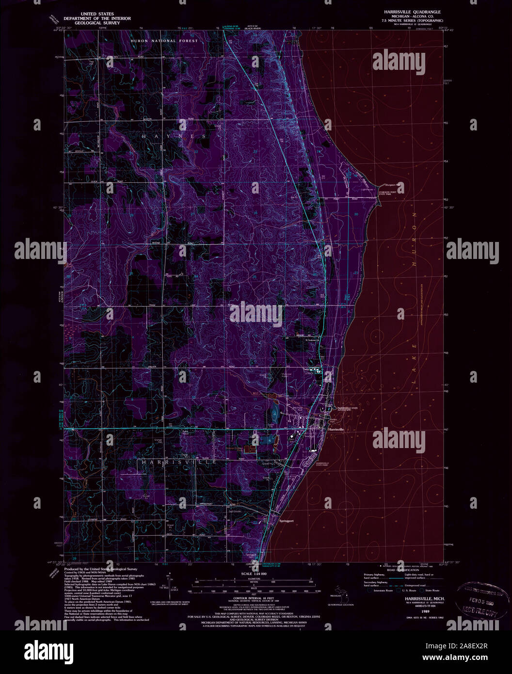 USGS TOPO Map Michigan MI Harrisville 276302 1989 24000 Inverted Stock Photo