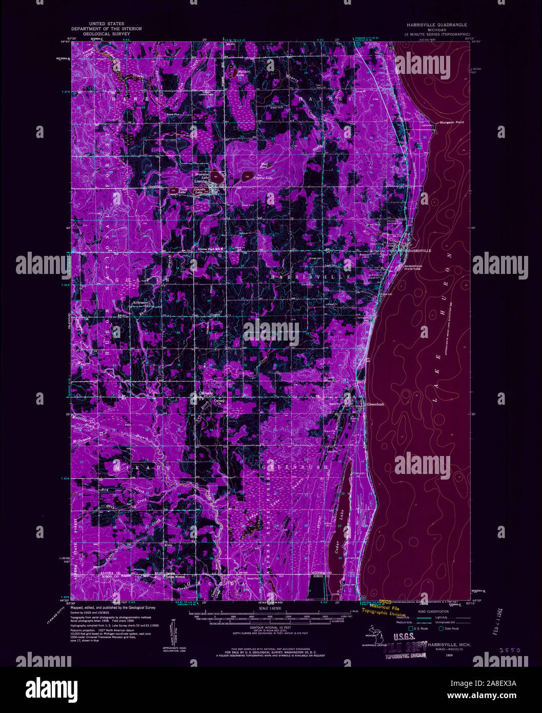 USGS TOPO Map Michigan MI Harrisville 278183 1959 62500 Inverted Stock Photo