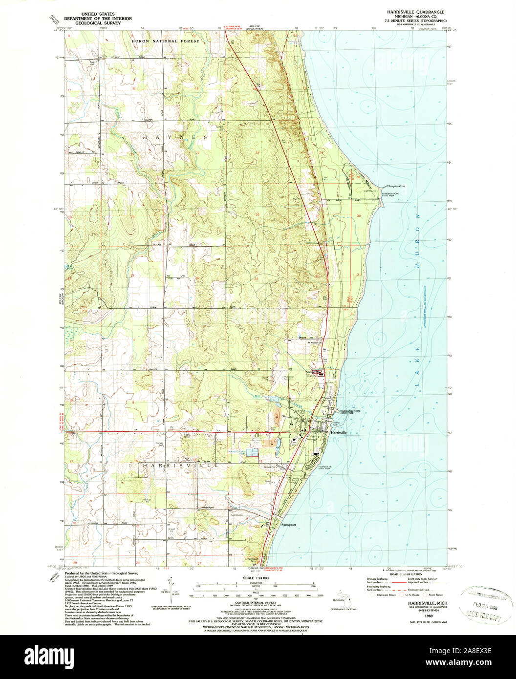 USGS TOPO Map Michigan MI Harrisville 276302 1989 24000 Stock Photo