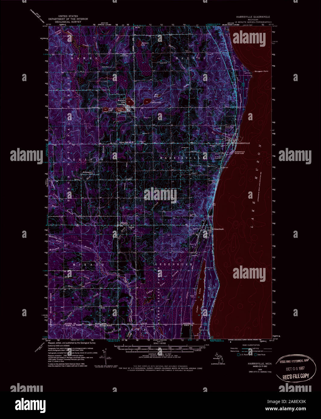 USGS TOPO Map Michigan MI Harrisville 278181 1959 62500 Inverted Stock Photo