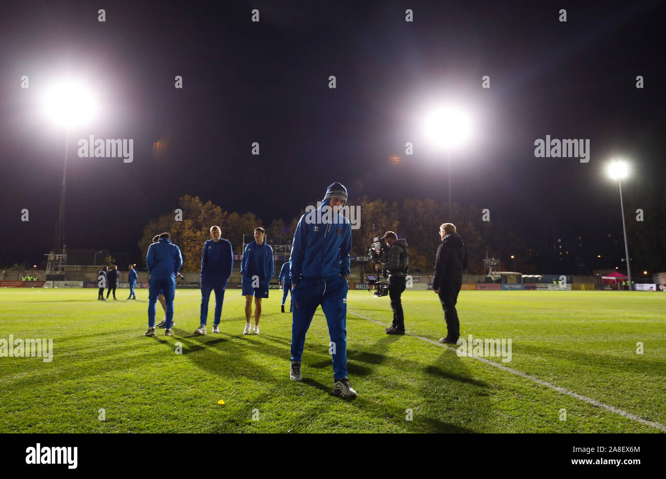 Carlisle United players on the pitch before the FA Cup First Round match at Champion Hill, London. Stock Photo