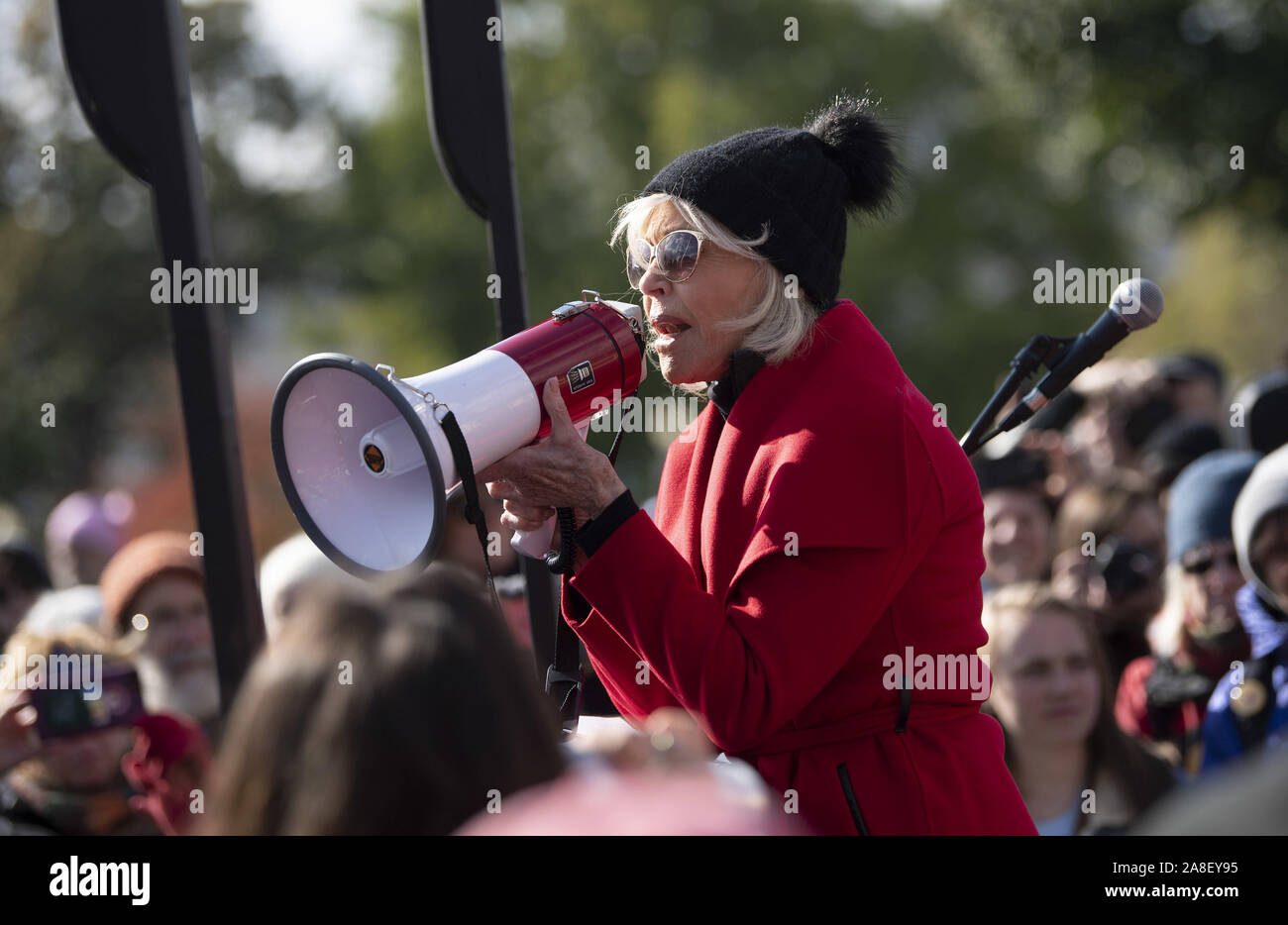 Washington, United States. 08th Nov, 2019. Jane Fonda, actress and political activist, participate in a rally against climate change at the U.S. Capitol in Washington, DC on Friday, November 8, 2019. Fonda, known for her opposition to the Vietnam War, participated in the 'Fire Drill Friday's' climate change, a rally taking place every Friday to shine light on the changing climate and to encourage political action on the issue. Photo by Kevin Dietsch/UPI Credit: UPI/Alamy Live News Stock Photo