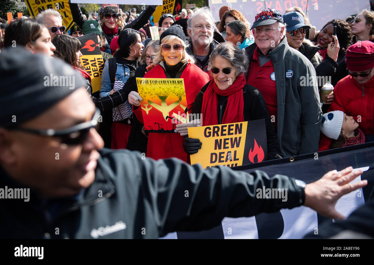 Washington, United States. 08th Nov, 2019. Jane Fonda (C), actress and political activist, participate in a rally against climate change at the U.S. Capitol in Washington, DC on Friday, November 8, 2019. Fonda, known for her opposition to the Vietnam War, participated in the 'Fire Drill Friday's' climate change, a rally taking place every Friday to shine light on the changing climate and to encourage political action on the issue. Photo by Kevin Dietsch/UPI Credit: UPI/Alamy Live News Stock Photo