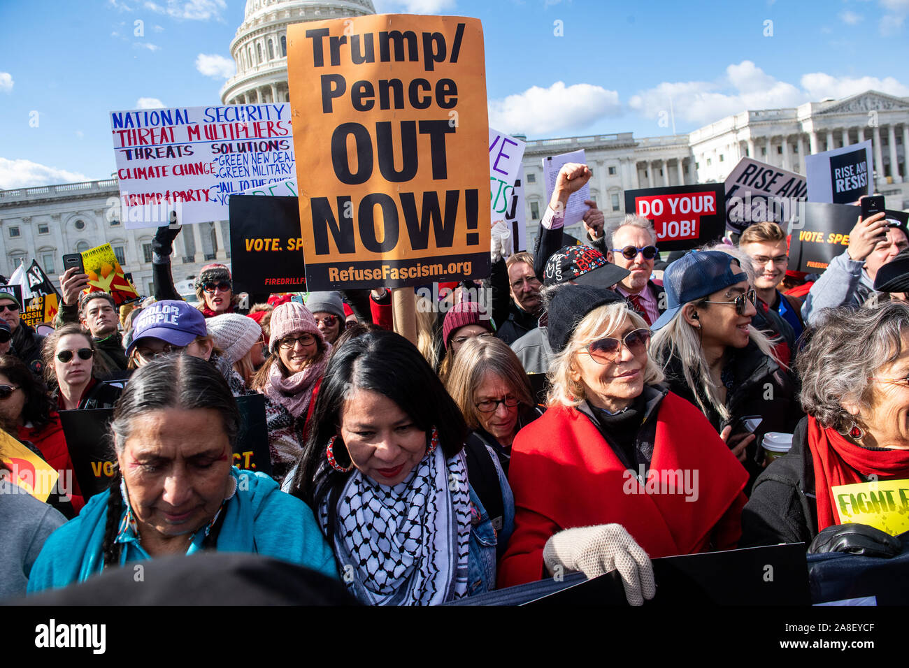 Washington, United States. 08th Nov, 2019. Jane Fonda (right), actress and political activist, participate in a rally against climate change at the U.S. Capitol in Washington, DC on Friday, November 8, 2019. Fonda, known for her opposition to the Vietnam War, participated in the 'Fire Drill Friday's' climate change, a rally taking place every Friday to shine light on the changing climate and to encourage political action on the issue. Photo by Kevin Dietsch/UPI Credit: UPI/Alamy Live News Stock Photo