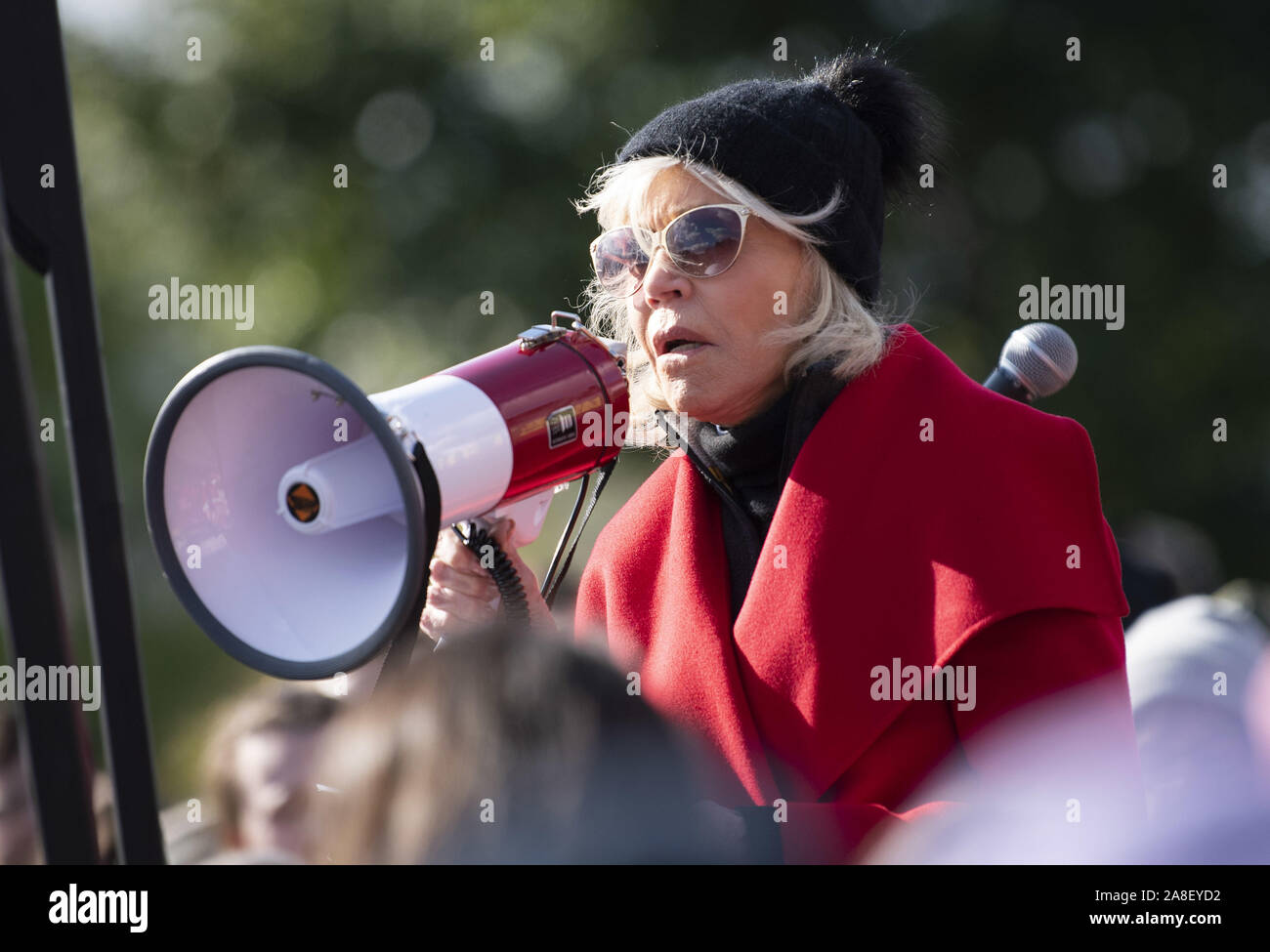 Washington, United States. 08th Nov, 2019. Jane Fonda, actress and political activist, participate in a rally against climate change at the U.S. Capitol in Washington, DC on Friday, November 8, 2019. Fonda, known for her opposition to the Vietnam War, participated in the 'Fire Drill Friday's' climate change, a rally taking place every Friday to shine light on the changing climate and to encourage political action on the issue. Photo by Kevin Dietsch/UPI Credit: UPI/Alamy Live News Stock Photo