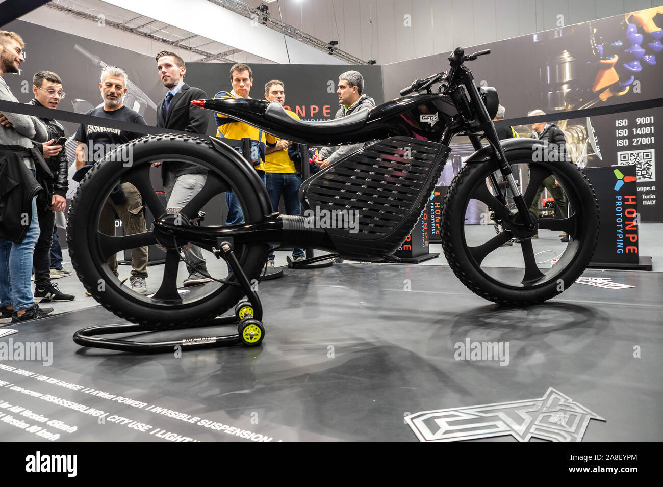 RHO Fieramilano, Milan Italy - November 07, 2019 EICMA Expo. Prototype of all wheel drive electric bike from honpe in exhibit at EICMA 2019 Stock Photo