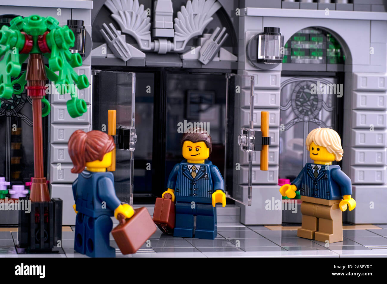 Tambov, Russian Federation - October 16, 2019 Lego entrepreneurs standing  at the entrance to the Lego bank. Studio shot Stock Photo - Alamy