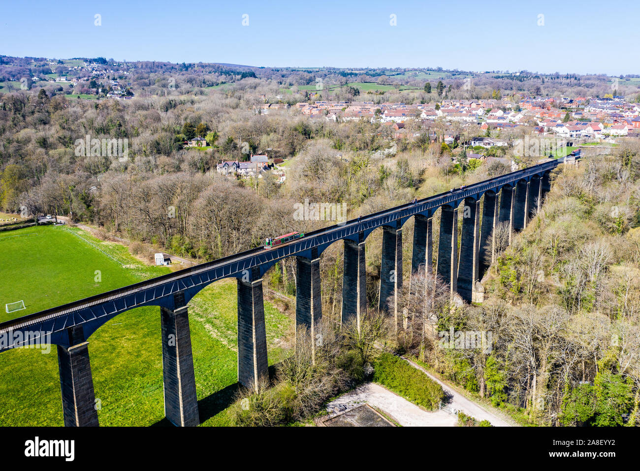 Aerial View Of A Narrow Boat Canal Boat Crossing The Pontcysyllte