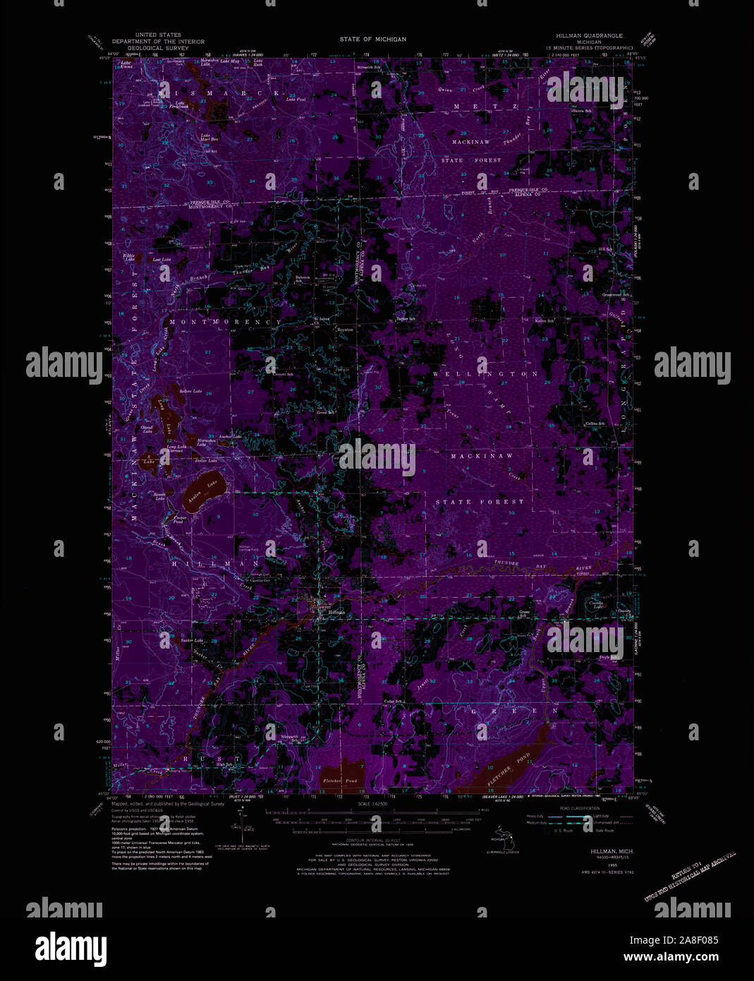 USGS TOPO Map Michigan MI Hillman 278198 1955 62500 Inverted Stock Photo