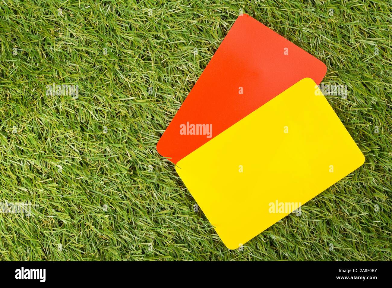 Soccer Sports Referee Yellow And Red Cards On Grass Background Penalty Foul Or Sports Concept Top View Flat Lay From Above Stock Photo Alamy