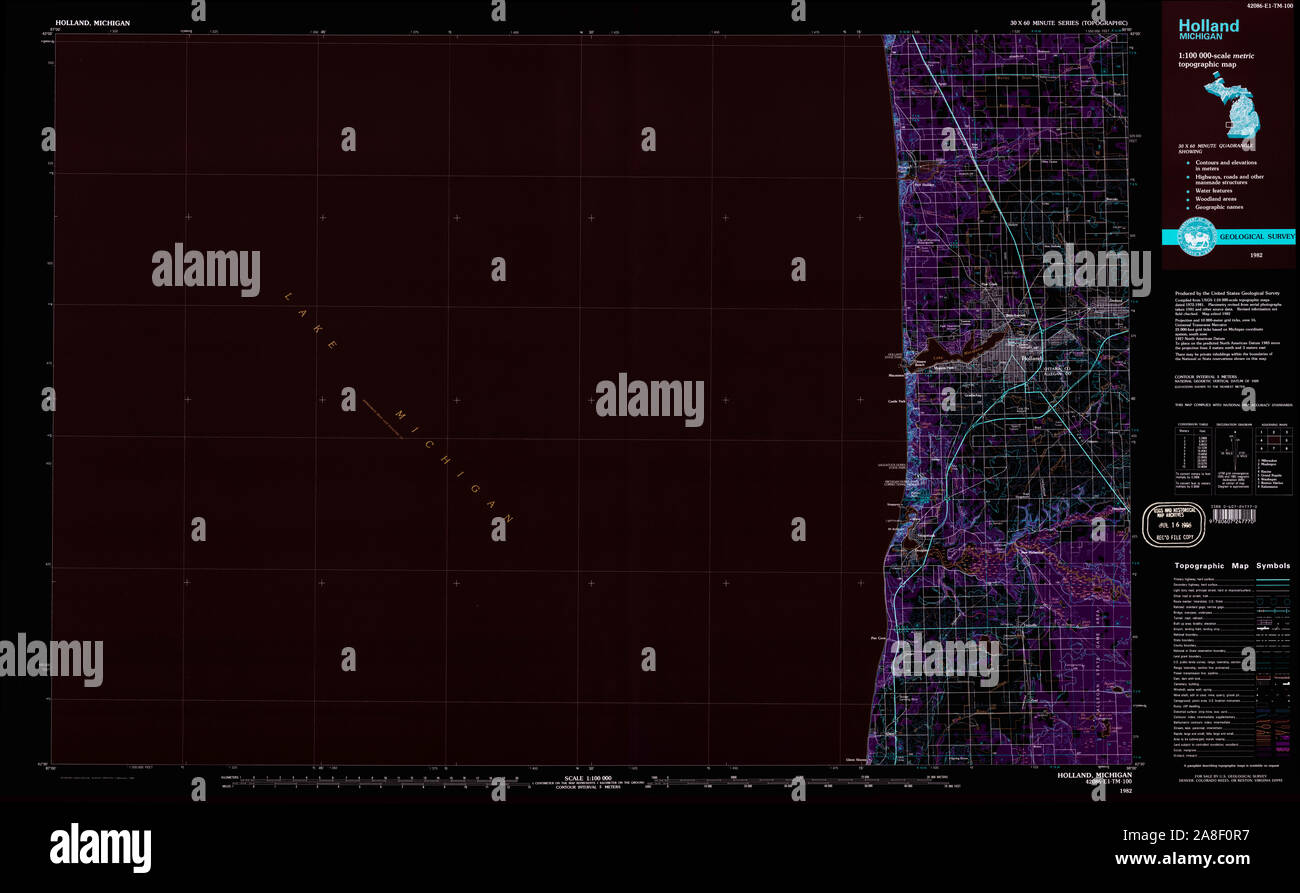 USGS TOPO Map Michigan MI Holland 278665 1982 100000 Inverted Stock Photo