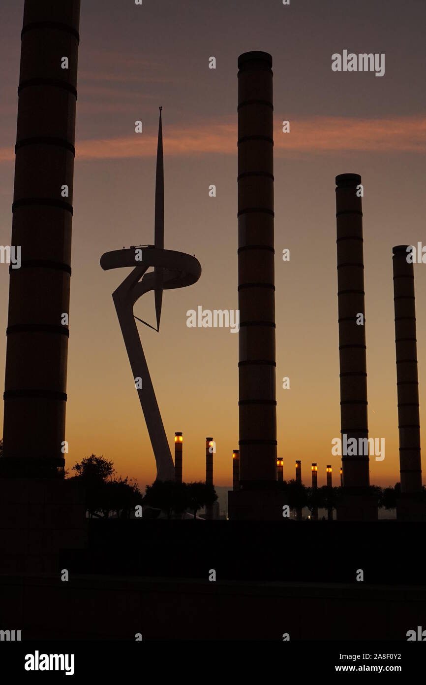 Barcelona Montjuic Olympic Park silhouette in the sunset Stock Photo