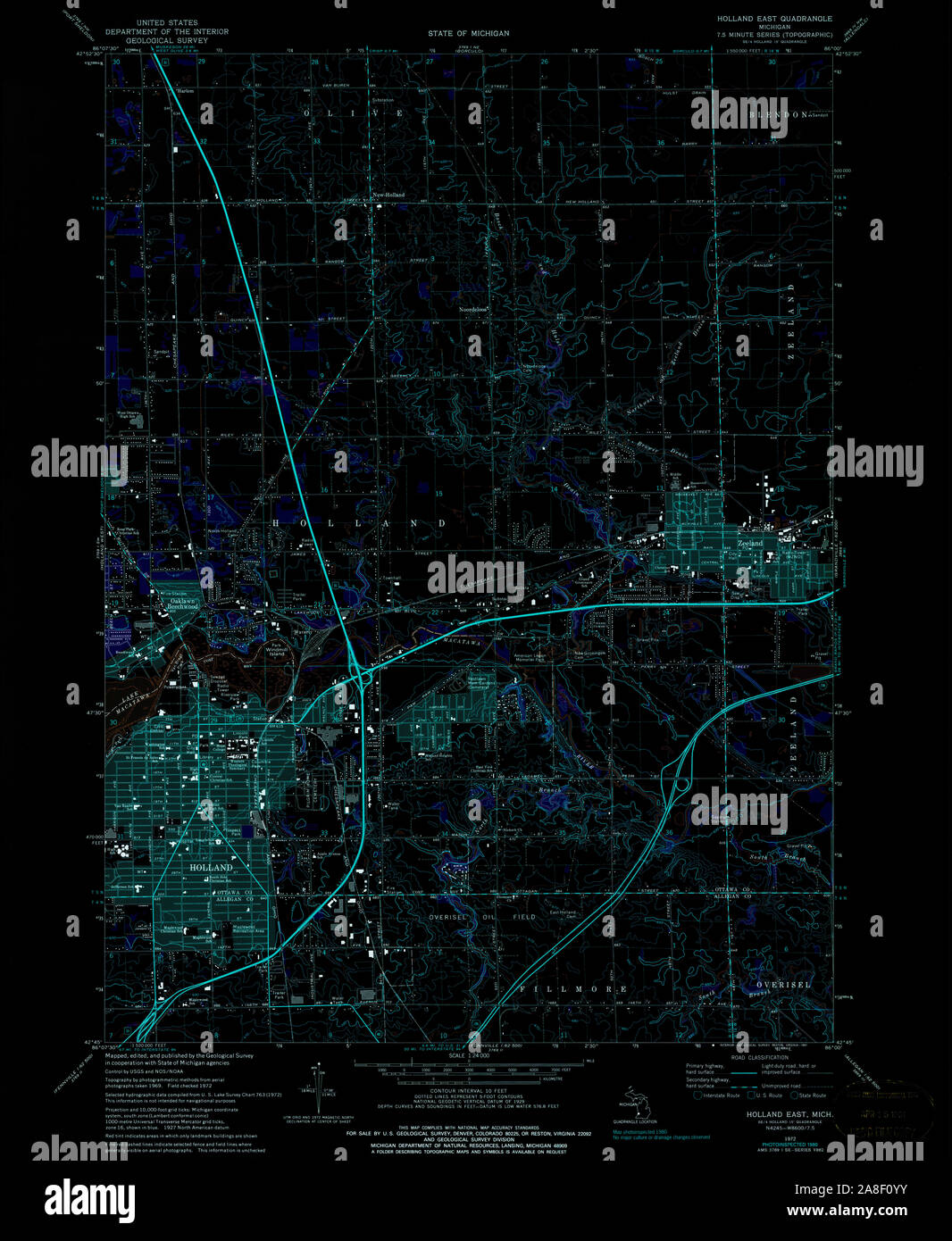 USGS TOPO Map Michigan MI Holland East 276342 1972 24000 Inverted Stock Photo