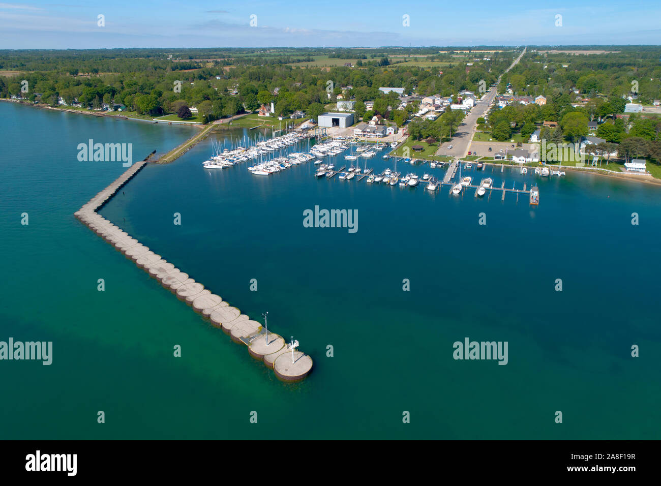 Marina boat docks and jetty with breakwall at Port Sanilac Michigan