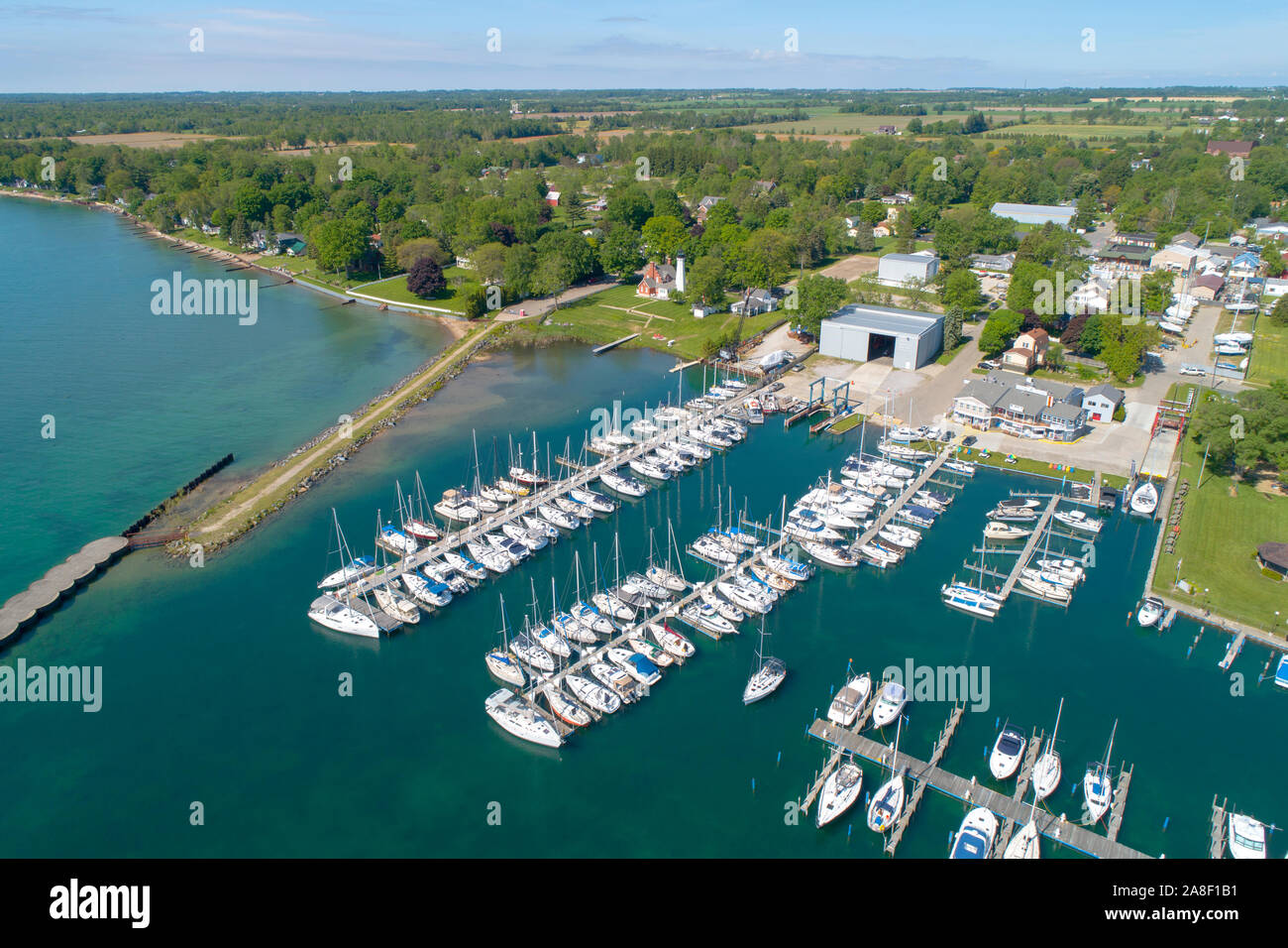 Marina boat docks and jetty with breakwall at Port Sanilac Michigan Stock Photo Alamy