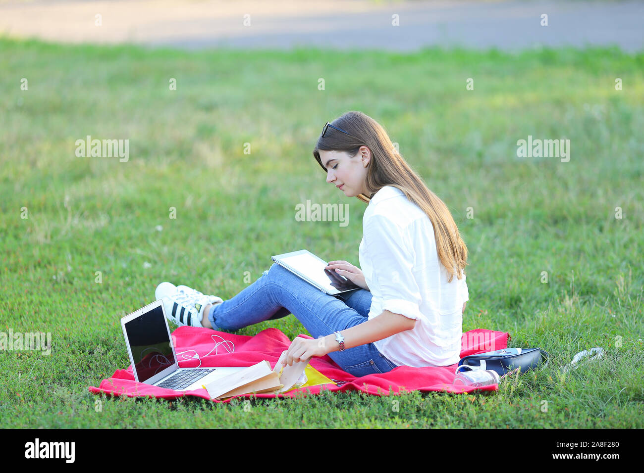 young girl sitting on the grass in the park and works at a laptop and ...