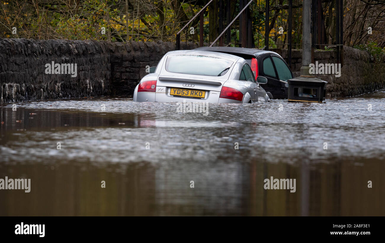 Audi TT water damaged by the River Derwent flooding its banks Matlock Bath, Derbyshire, UK Stock Photo
