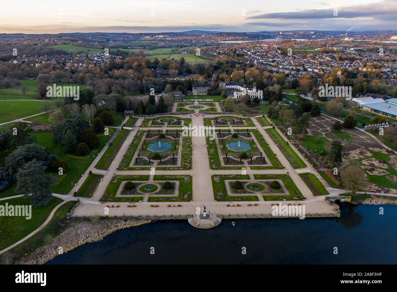 Beautiful Aerial view of the Trentham Gardens Estate and lake, in
