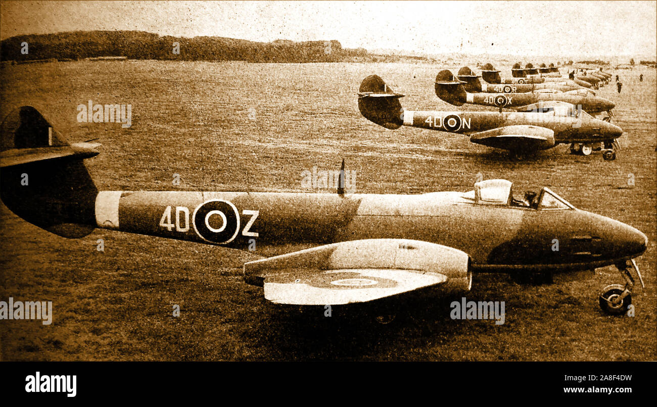 An old photograph (circa 1943)  showing the then new UK  Gloster Meteor jet fighters used in WWII. It  was the first British jet fighter and the Allies' ONLY jet fighter to be involved in  combat operations during WWII Stock Photo