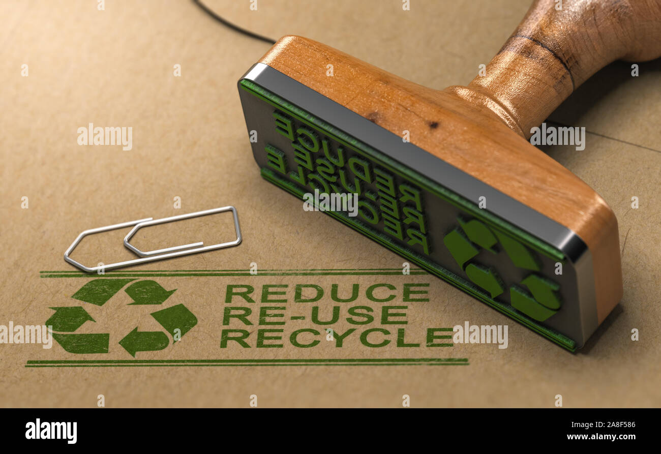 3D illustration of a rubber stamp with the text reduce, re-use and recycle printed on kraft paper. Reducing waste footprint concept. Stock Photo