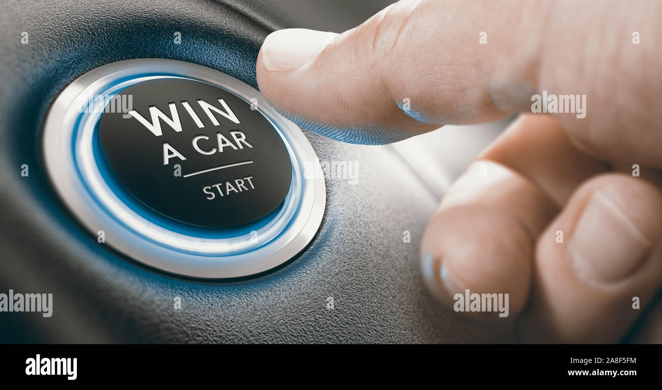 Finger pushing a conceptual Ignition button. Win a Car Contest Concept