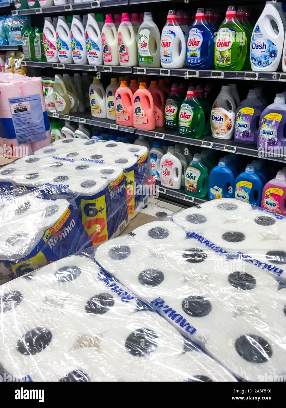 Household products conditioned under plastic packages, Lyon, France Stock Photo