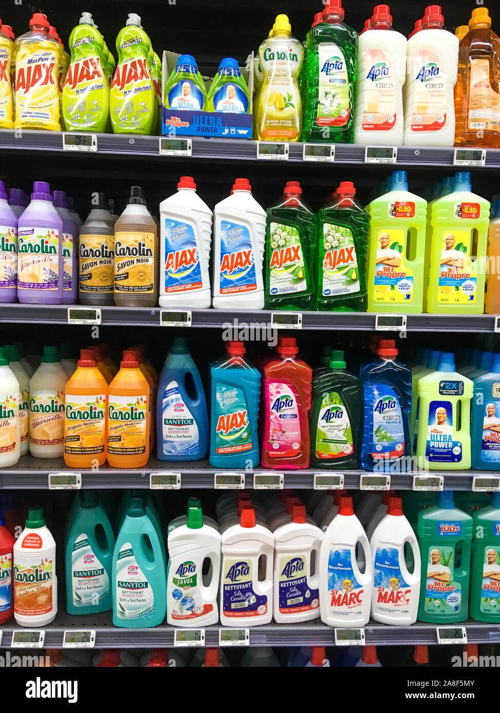 Hundreds of household products conditioned in plastic bottles, Lyon, France Stock Photo