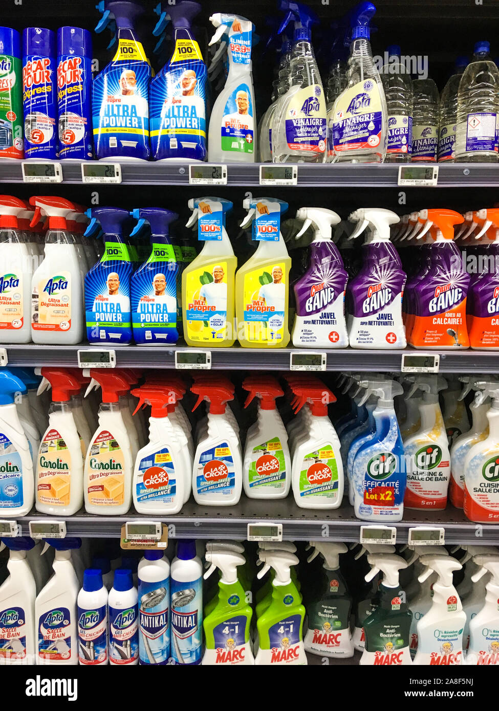 Hundreds of household products conditioned in plastic bottles, Lyon, France Stock Photo