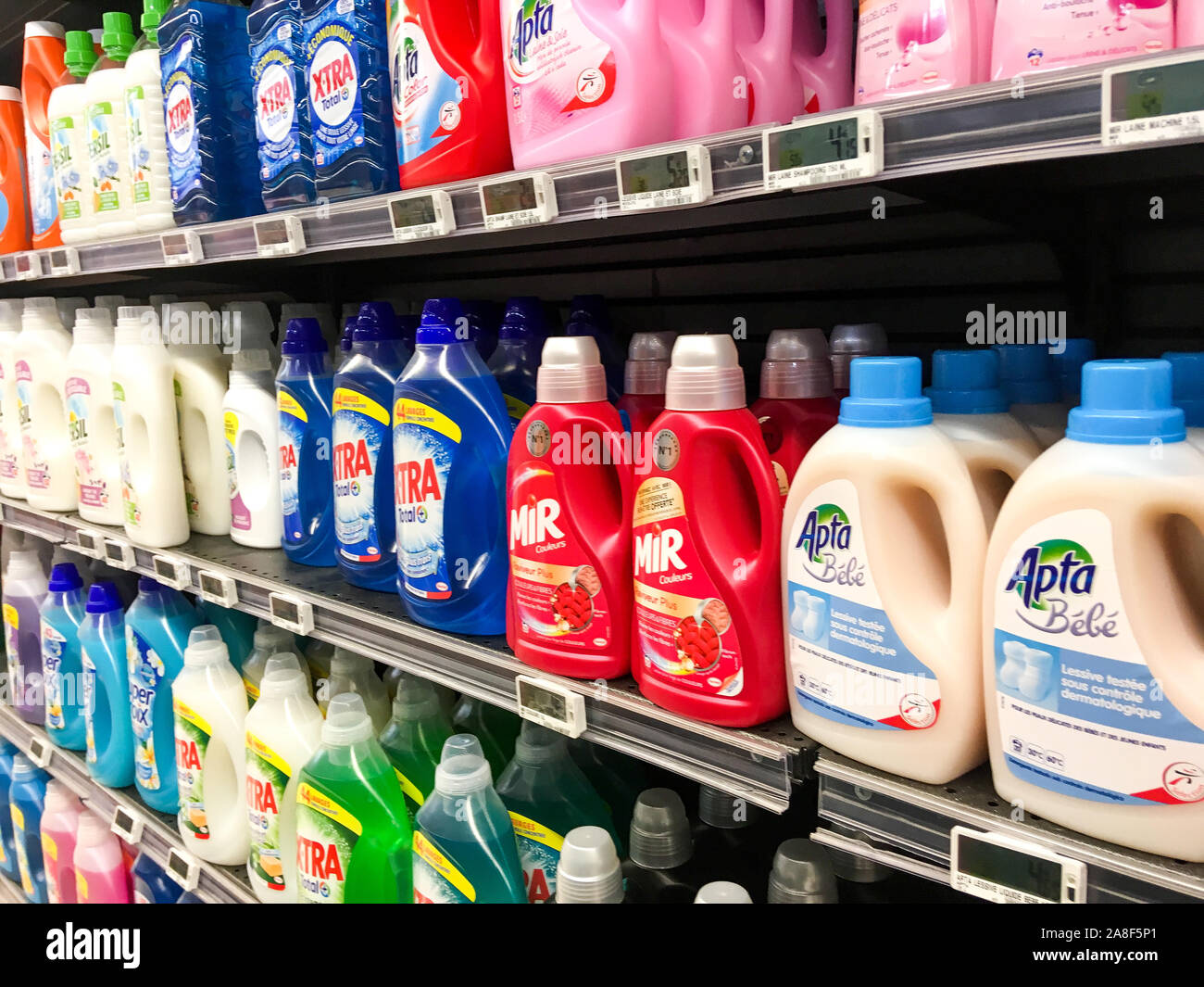 Hundreds of household products conditioned in plastic bottles, Lyon, France Stock Photo