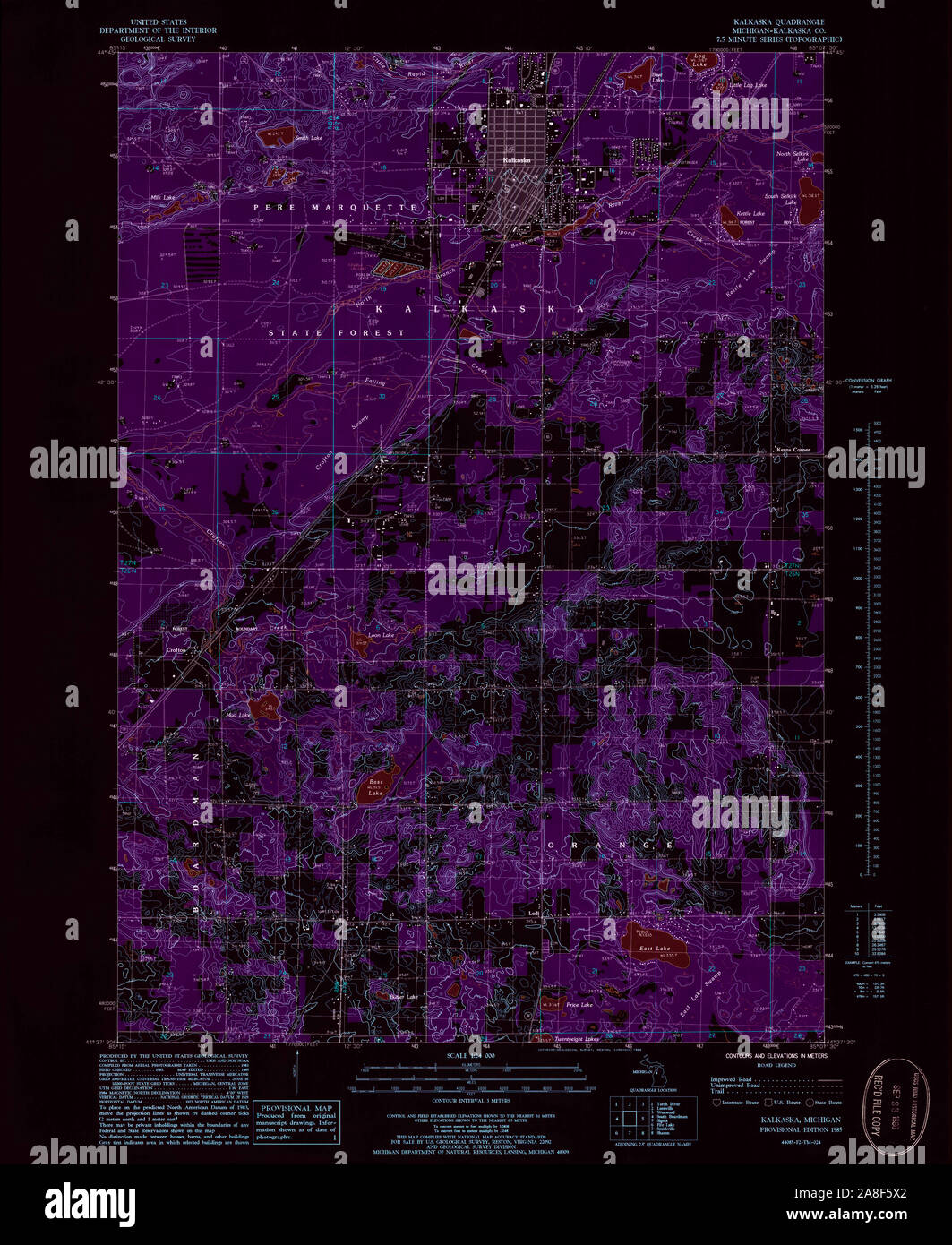 USGS TOPO Map Michigan MI Kalkaska 276436 1985 24000 Inverted Stock Photo